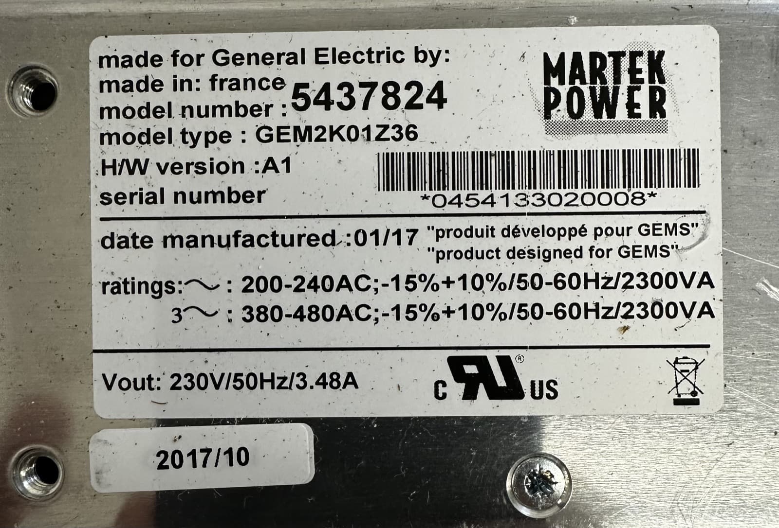 5437824-Power Supply (Martek; GEM2K01Z36)