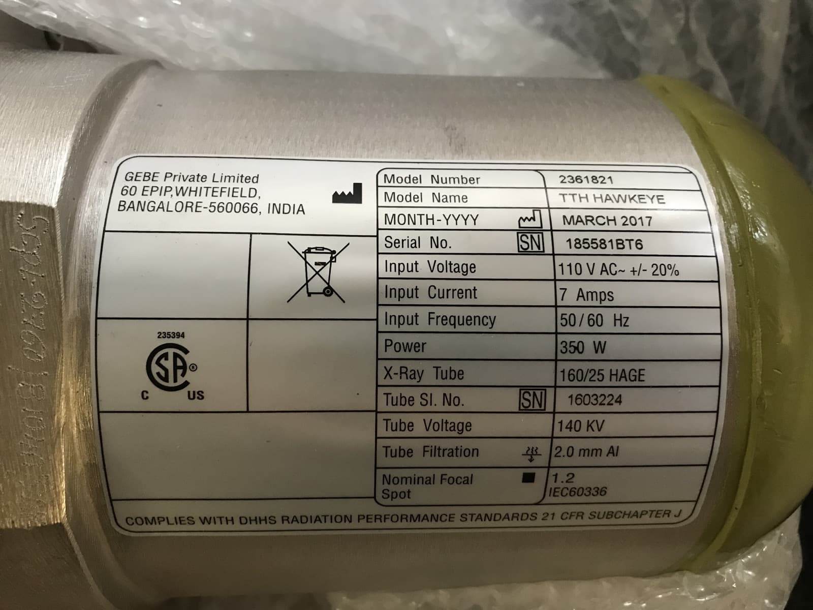 2361821-TTH Hawkeye X-Ray Tube 160/25 Hage