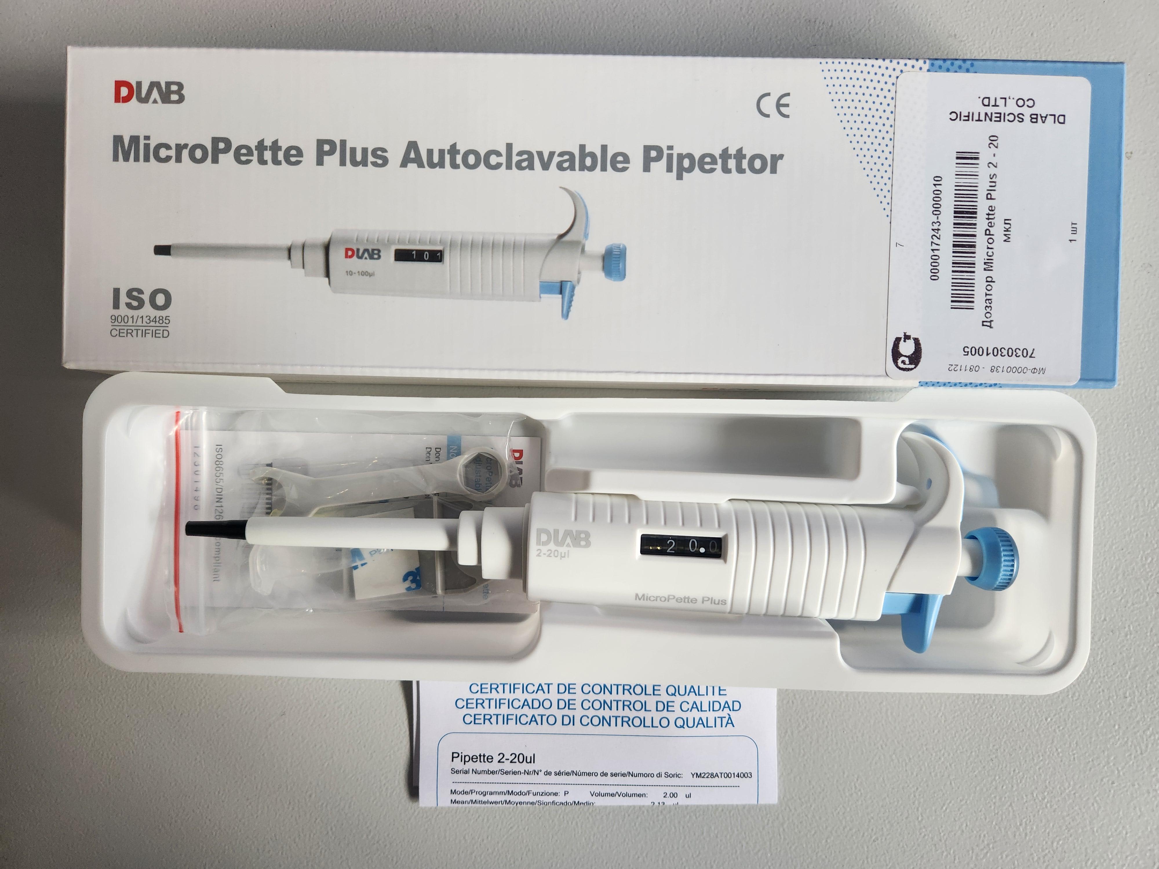 Дозатор механический 1-канальный DLAB MicroPette Plus, 2-20 мкл 2